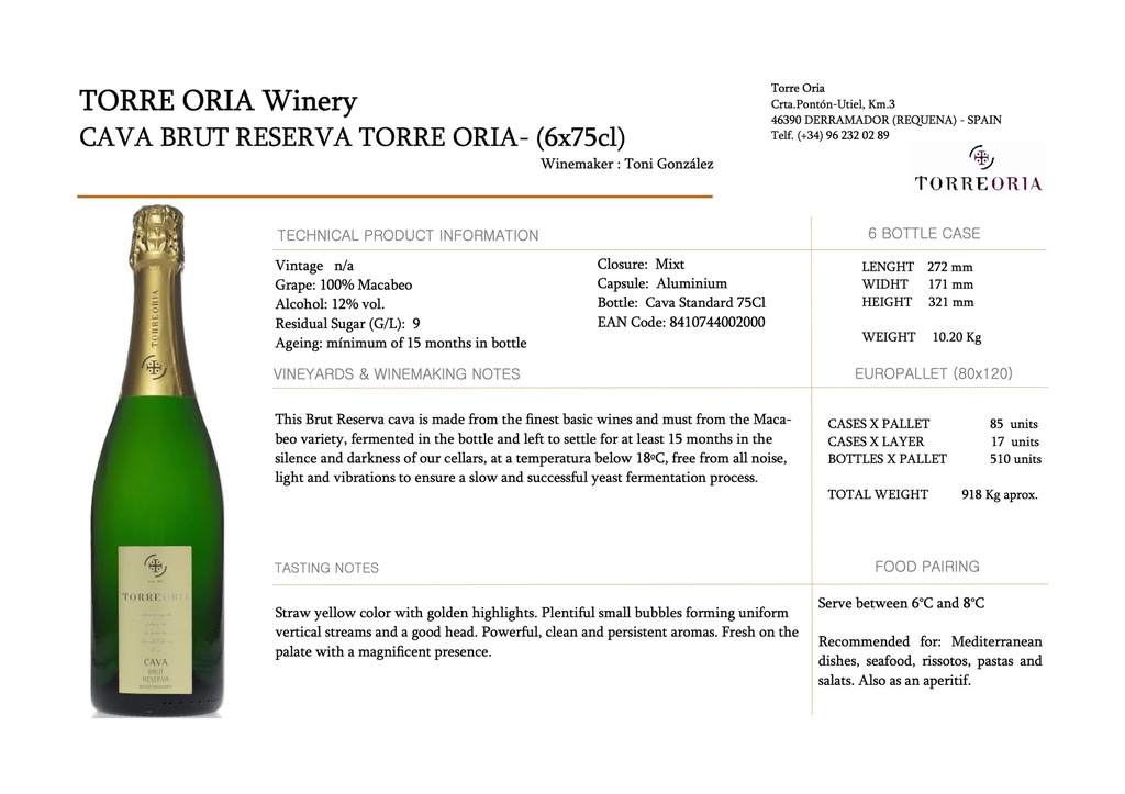 Cava Brut Reserva, Torre Oria